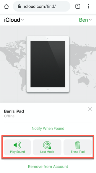 The Find iPhone service on Android, showing an iPad device