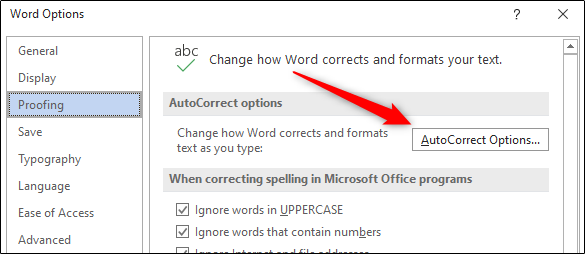 AutoCorrect options button in Proofing tab