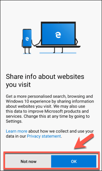 Choose whether or not to share personalization data in Microsoft Edge on Android