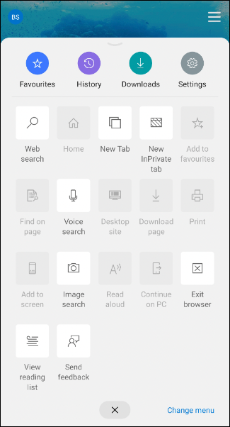 The Quick Options menu in the Microsoft Edge app.