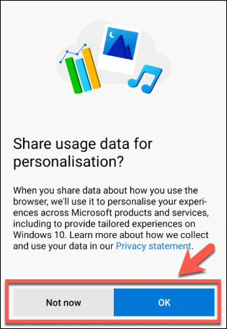 Choose whether or not to share usage data with Microsoft in the Edge browser on Android
