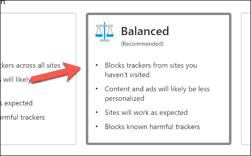Click the Balanced option under the privacy settings menu to enable the balanced level of privacy protection in Edge