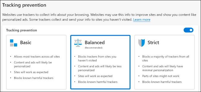The tracking prevention options in Microsoft Edge