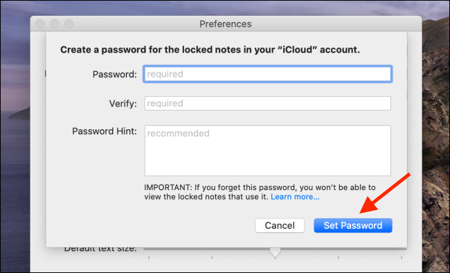 Enter the password details the Notes and click on Set Password