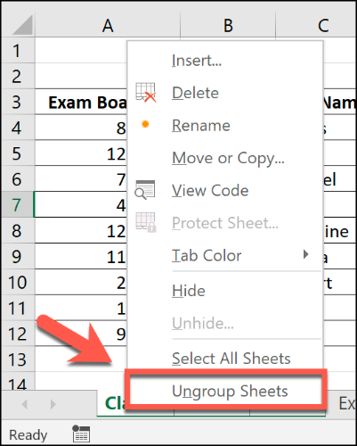To ungroup worksheets in Excel, right-click on a selected worksheet and click the Ungroup Sheets option