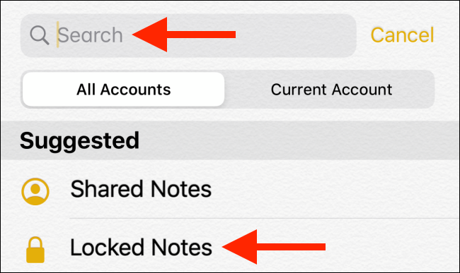 From the Search field, choose the Locked Notes filter