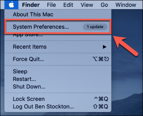 To insert the System Preferences menu on macOS, click the Apple icon > System Preferences