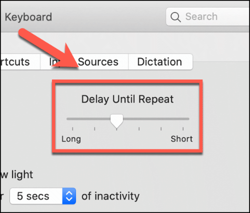 Move the Delay Until Repeat slider up and down to impact the Mac keyboard repeat delay