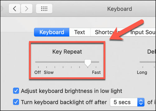 Move the Key Repeat slider up and down to impact your Mac keyboard repeat speed