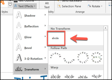 You can remove a curved text effect by clicking Format &gt; Text Effects &gt; Transform and clicking the No Transform option