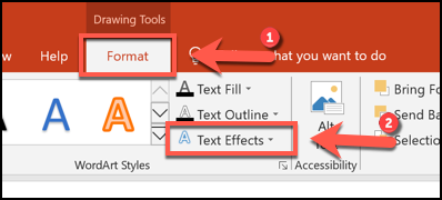 Click Format > Text Effects to begin curving text in PowerPoint