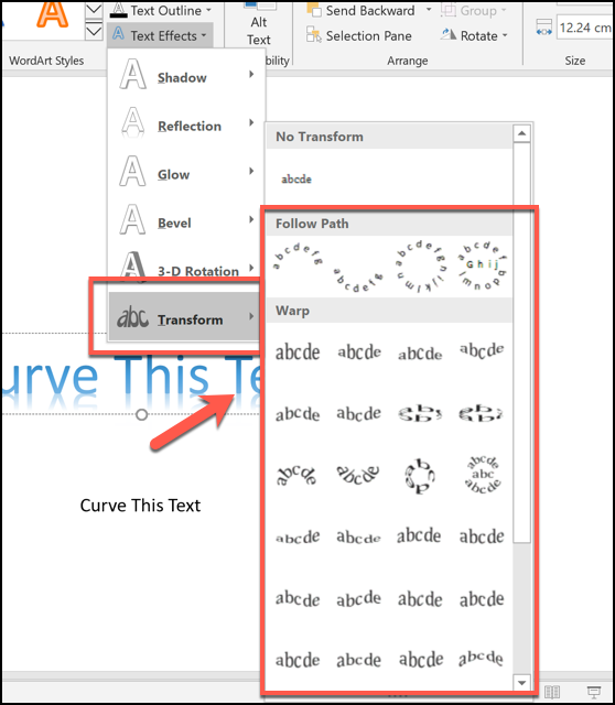 To curve text in PowerPoint, choose one of the options from the Transform tab in the Text Effects drop down menu