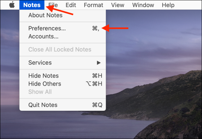 Select Preferences from Notes section in menu bar