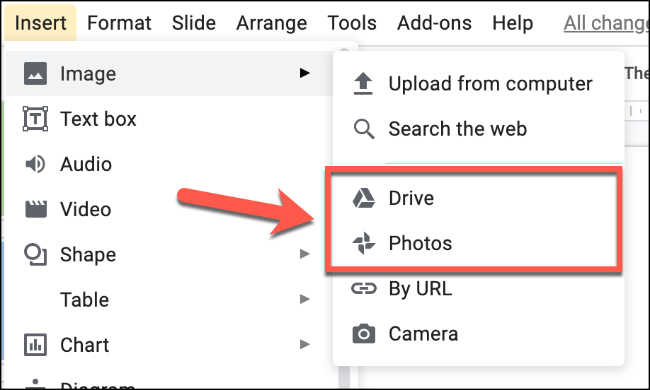 Choose "Photos" to upload an image from your Google Photos or "Drive" to upload an image from your Google Drive storage