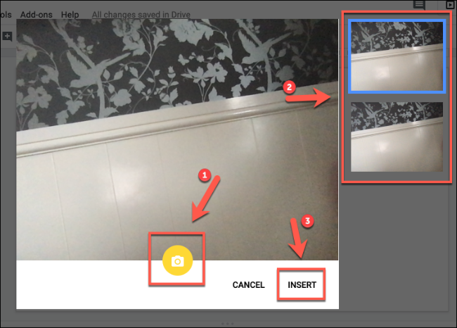 Click Insert to insert camera images into Google Slides