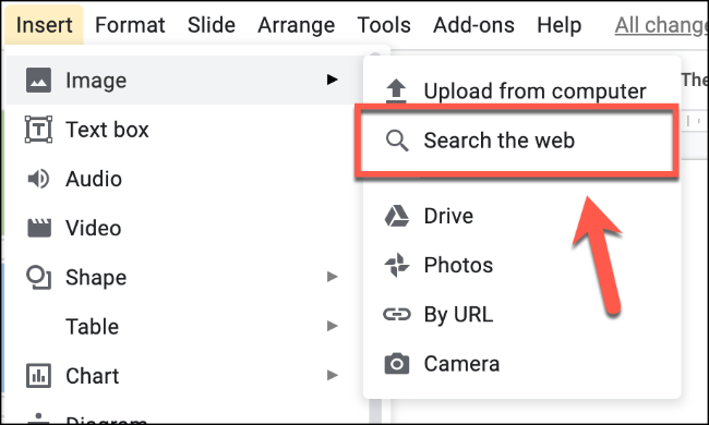 Click Insert &gt; Image &gt; Search The Web to insert an image using a Google Images search in Google Slides