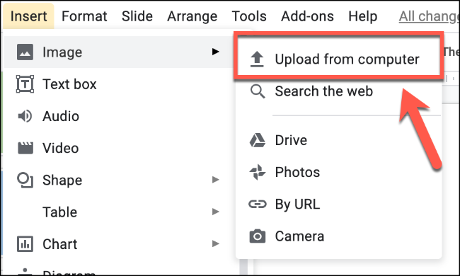 Click click Insert &gt; Image &gt; Upload from computer to insert an image from your PC to google slides