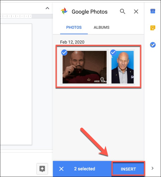 Select your images using the Google Photos menu, then click the Insert button to insert them into Google Slides