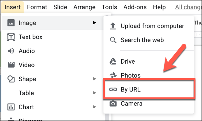 Click Insert &gt; Image &gt; By URL to insert an image by URL in Google Slides