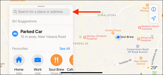 Use the search bar to search for a place in Apple Maps
