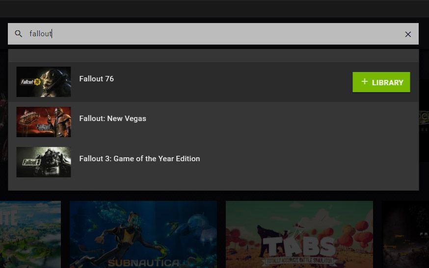 The GeForce NOW library search page.