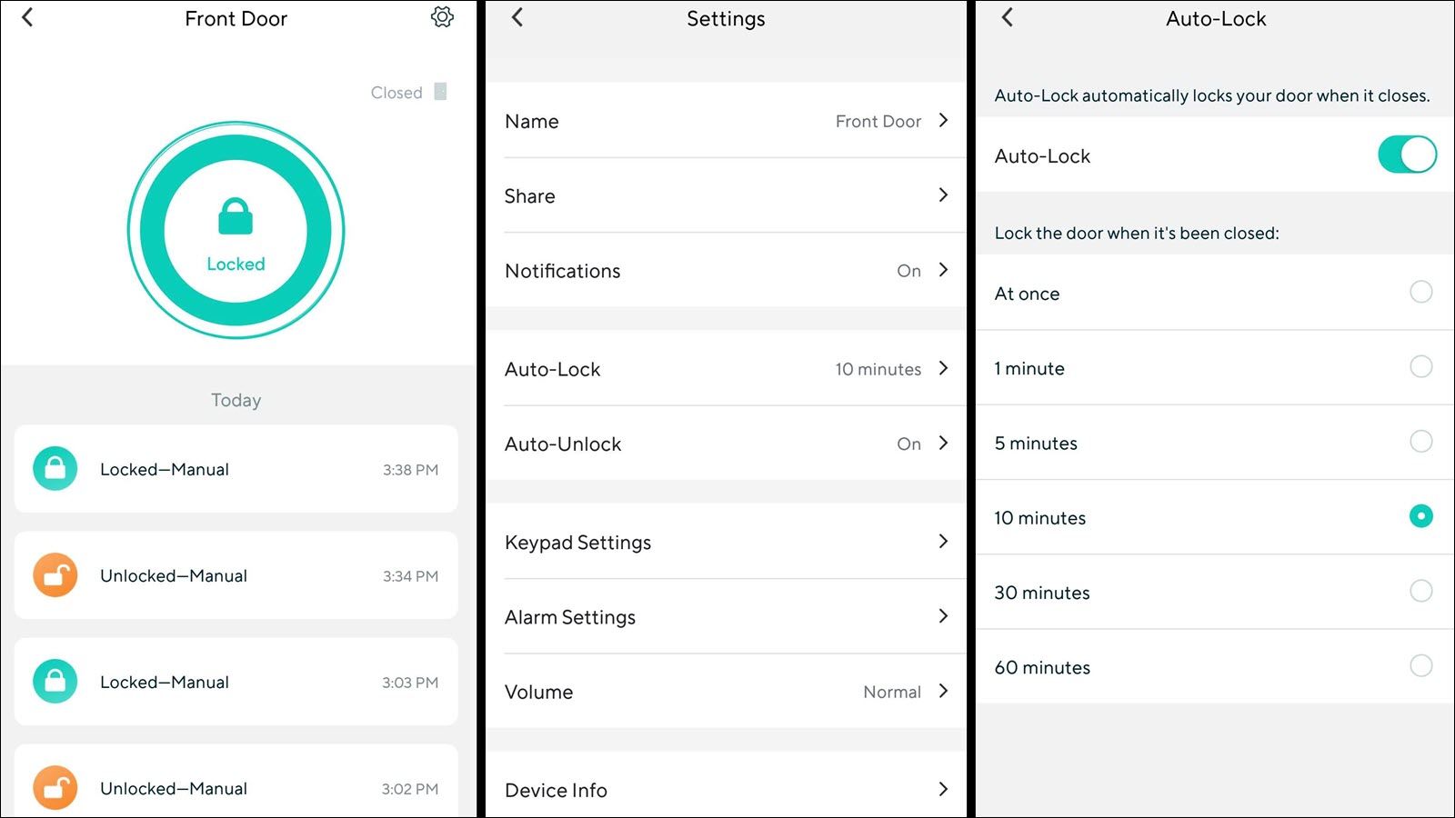 The Wyze app, showing a locked door, sharing capabilities, and auto-lock options.