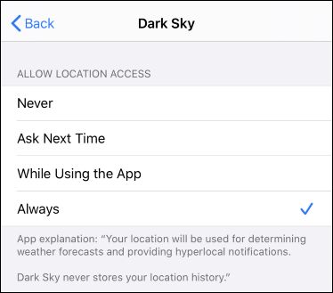 The location access options for Dark Sky in iOS 13's settings.