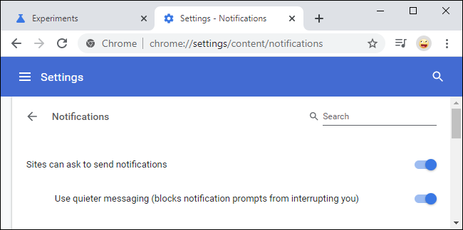 Enabling Google Chrome's quieter messaging option for notifications in Settings.