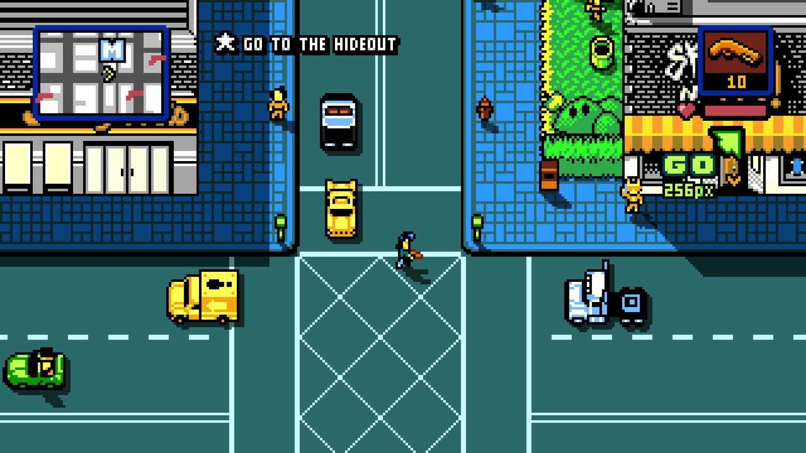 A 8-bit style game with a man holding a gun crossing the street.