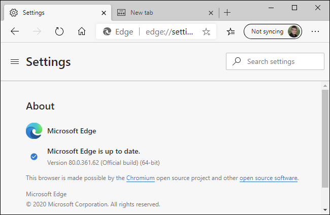 Chromium Edge's about page.