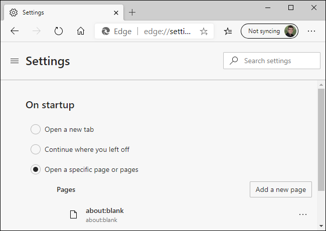Removing about:blank from the new Microsoft Edge's startup pages