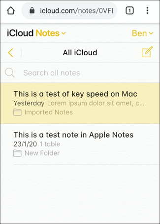 iCloud Notes, shown on Android using the Chrome browser