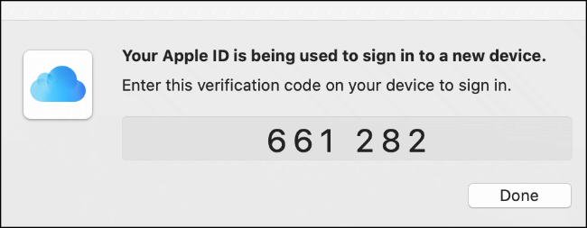 A two-factor authentication code for an iCloud sign in, shown on a macOS device