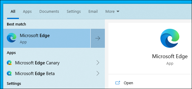 Opening the new Chromium-based Microsoft Edge from the Start menu.