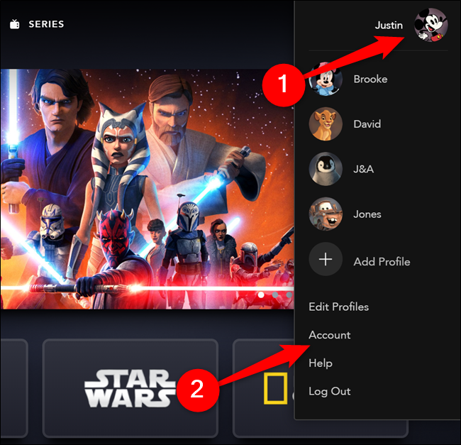 Hover over your Disney+ avatar and then select the "Account" option