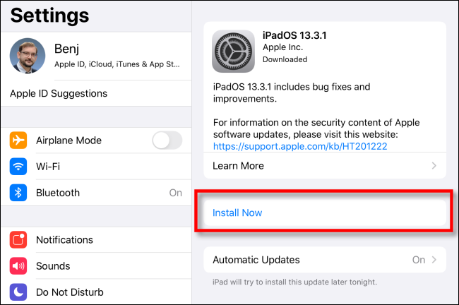 Select Install Now in iPadOS