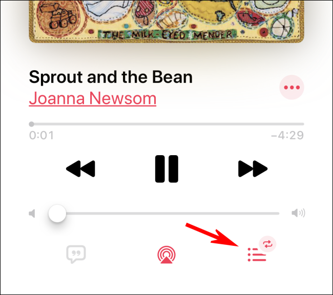 Tapping on the hamburger list icon to turn off repeat in Apple Music app
