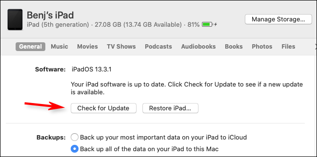 Updating an iPad with iTunes or Finder