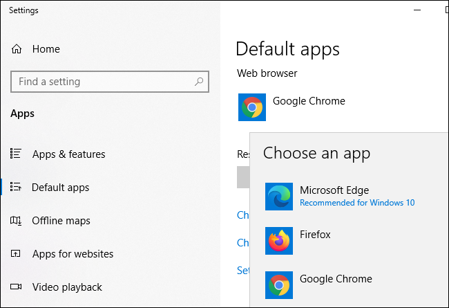 Windows 10's Settings app recommending the new Microsoft Edge over Firefox and Google Chrome