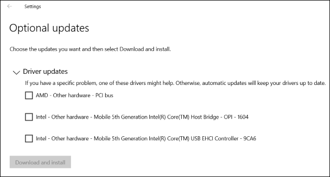 Windows 10's new Optional Updates page listing driver updates.
