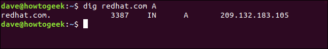 dig redhat.com A in a terminal window