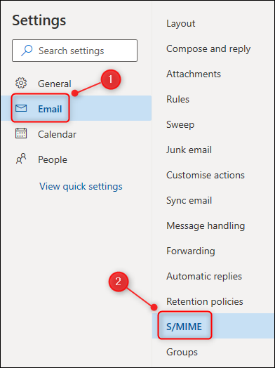 Outlook's Settings menu, with the &quot;S/MIME&quot; option highlighted.