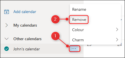 Outlook Online's calendar &quot;Remove&quot; option.