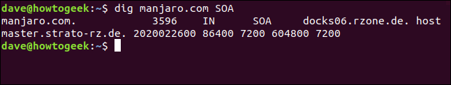 dig manjaro.com SOA in a terminal window