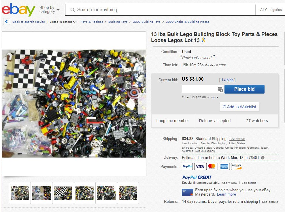 A typical eBay auction for loose LEGO pieces.