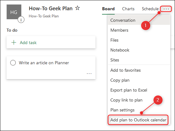 The Planner context menu with the &quot;Add plan to Outlook calendar&quot; option highlighted.