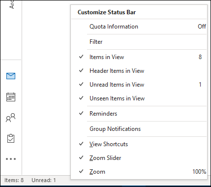 The &quot;Customize Status Bar&quot; menu.