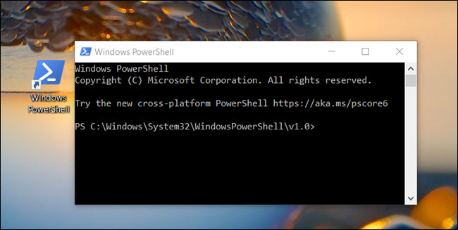 A &quot;Windows PowerShell&quot; window opened from a desktop.