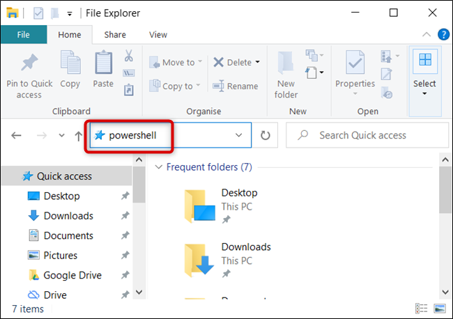 Type &quot;powershell&quot; in the File Explorer address bar.