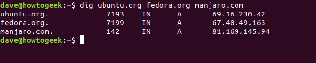 dig ubuntu.org fedora.org manjaro.com in a terminal window